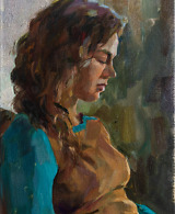 Portrait painting of a young woman in thoughts