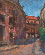 A street in the historic city center of Riga, painted with oil on canvas
