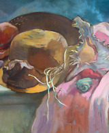 Still life painting with sea shells, sun hat, comb and a pink scarf