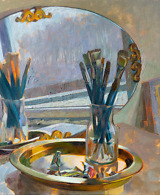 Still life painting with brushes, paint tubes, a golden tray and a mirror