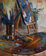 Oil painting of a palette, artist brushes and artworks, in brown tones