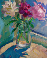 Oil painting of peonies in a glass vase lit by the sun