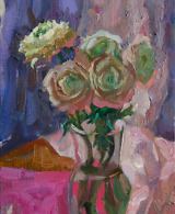 Persian buttercups in a vase on pink and purple background, painted with oil