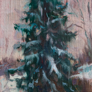 Snow-draped pine tree painted with oil on canvas
