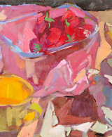 A box of strawberries, yellow mug, slices of lemon and a chocolate bar, painted with oil