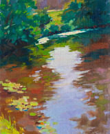 Water lilies in the pond with trees and reflections. Painted with oil on canvas