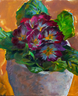 Oil painting of primula flowers in a pot on an orange background