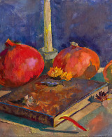 Still life painting with pumpkins, books, candles, and dried flowers