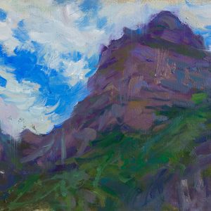 Oil painting of purple mountains against a blue sky