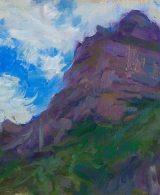 Oil painting of purple mountains against a blue sky