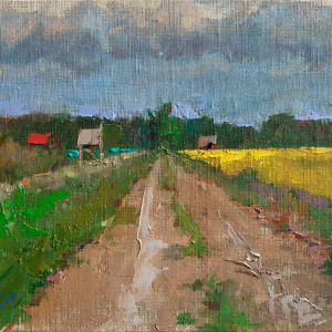 The road going into the distance in the middle of two fields, painted with oil on canvas