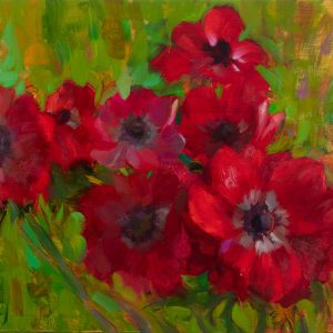 Red anemone flowers on vivid green background painted with oil