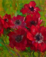 Red anemone flowers on vivid green background painted with oil