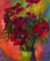 Red Anemones on colorful background, oil on canvas painting