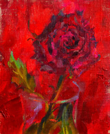 A crimson rose blooming against a scarlet canvas