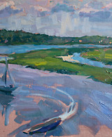 Landscape painting of a river and boats in light blue and green colours