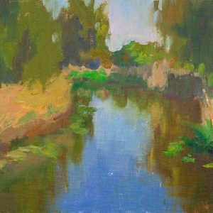 River surrounded by greenery painted with oil on canvas