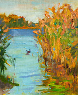 Impressionistic painting capturing a river scene illuminated by sunlight, featuring tall reeds and a duck swimming by