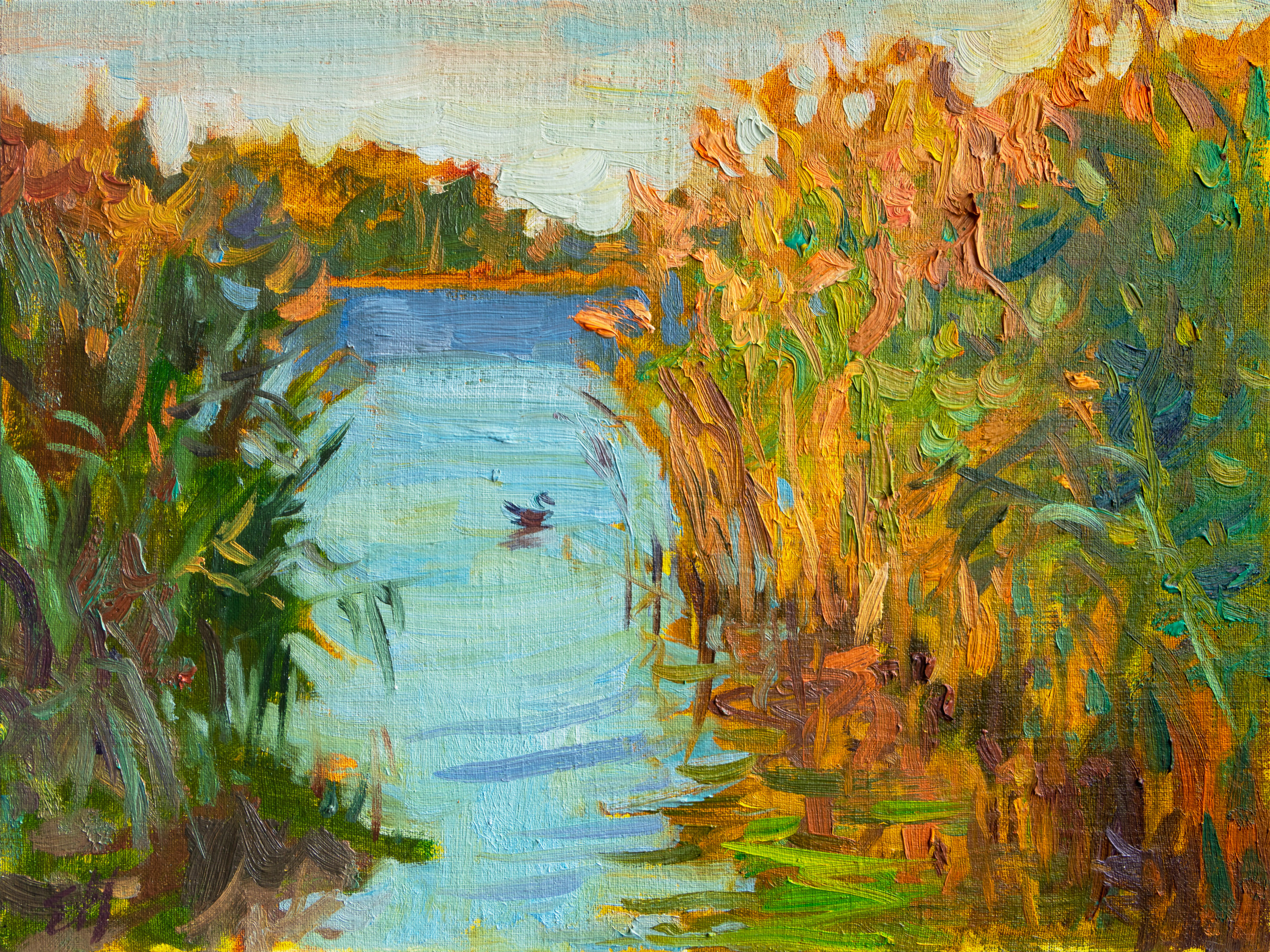 Impressionistic painting capturing a river scene illuminated by sunlight, featuring tall reeds and a duck swimming by