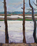 Landscape painting of trees on the hill and a river in the background in light blue and purple tones