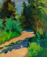 Painting of a dirt road surrounded by trees and bushes