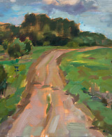 Landscape painting depicting a countryside road