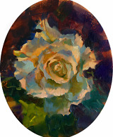 Oval oil painting of a white rose on a dark background