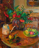 Still life with rowan, apples, autumn leaves and a watering can in earth tones