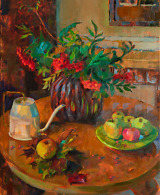 Still life with rowan, apples, autumn leaves and a watering can in earth tones