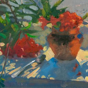 Branches of rowan berries in the sunlight painted with oil on canvas