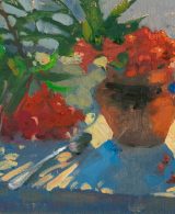 Branches of rowan berries in the sunlight painted with oil on canvas