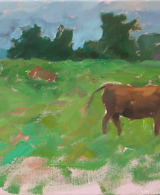 Rural landscape painting depicting cows grazing in a field