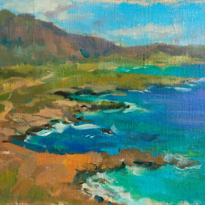 Landscape painting, displaying a turquoise sea stretching into the distance with beautiful mountains in the background