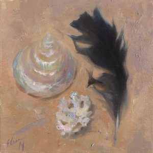 Still life with a sea shell, a coral and a crow's feather painted with oil