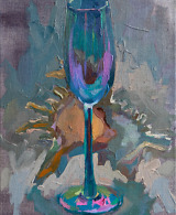 Oil painting of a sea shell and a colourful champagne glass