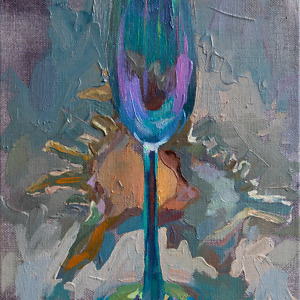 Oil painting of a sea shell and a colourful champagne glass