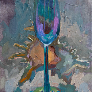Oil painting of a sea shell and a colourful champagne glass