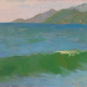 Seascape painting with a wave and mountains in the background