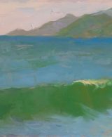 Seascape painting with a wave and mountains in the background
