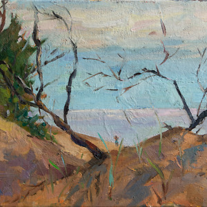 Oil painting of the sea with trees in the foreground