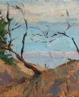 Oil painting of the sea with trees in the foreground