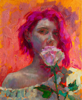 Self portrait painting by Elena Morozova, depicting a woman with pink hair holding a rose