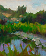Serene pond with a grazing cow, painted with oil on canvas