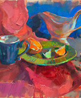 Bright still life painting with fruit and tableware on red and blue background