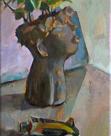 Still life painting with a funny flower pot, palette and paint tubes