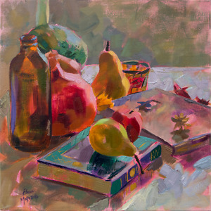Still life painting with books, pumpkins, pears, candles and a glass bottle