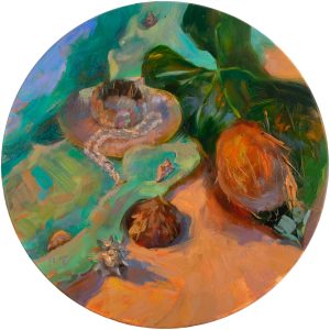 Still life with seashells, pearls and a coconut fruit on a round canvas