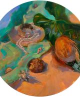 Still life with seashells, pearls and a coconut fruit on a round canvas