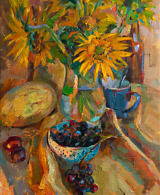 Still life painting with sunflowers, melon, grapes, plums, blue mug and a bottle. Painted with oil on canvas in yellow tones
