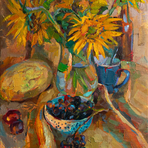 Still life painting with sunflowers, melon, grapes, plums, blue mug and a bottle. Painted with oil on canvas in yellow tones